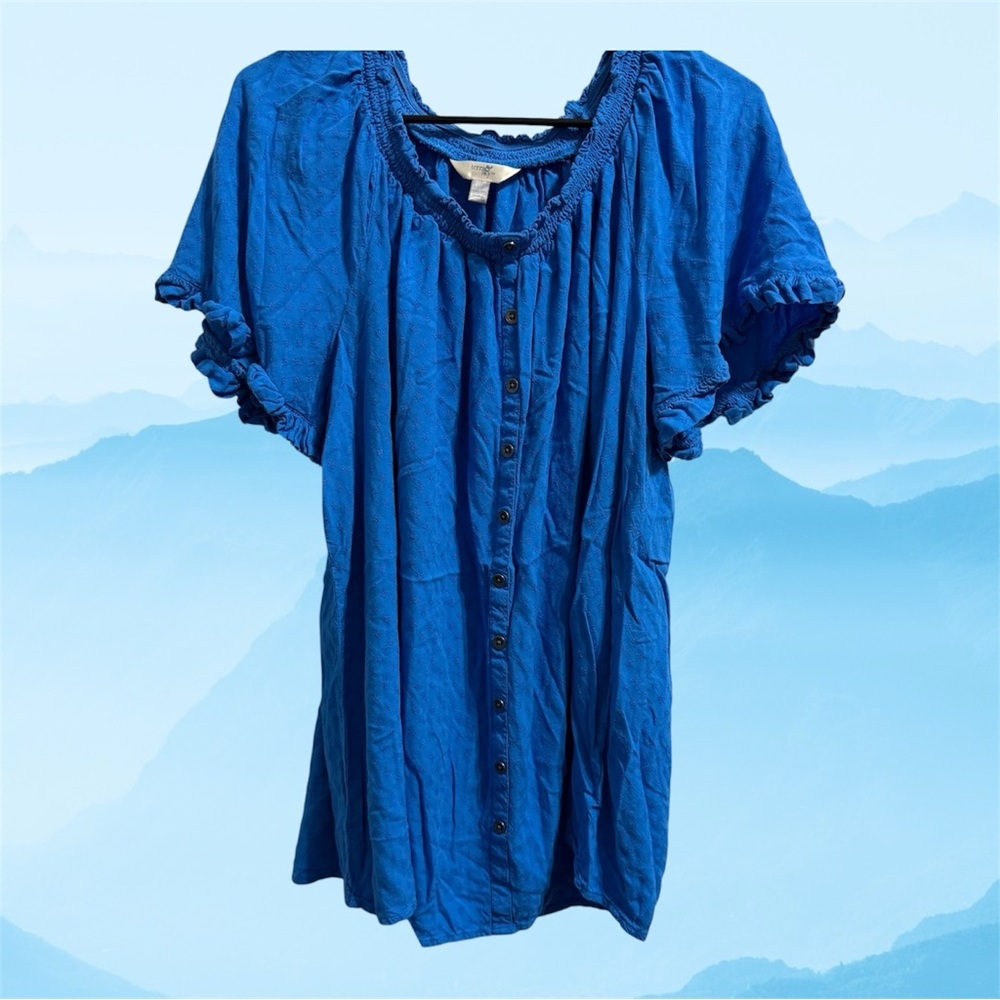 Terra & Sky Cobalt Blue Button-Front Peasant Blouse Tunic 1X